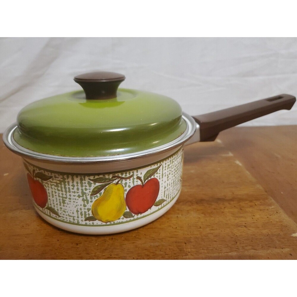 Enamel Cooking 8” Pot Dutch Oven Lemon Orange Fruit Austria Vintage 1970s
